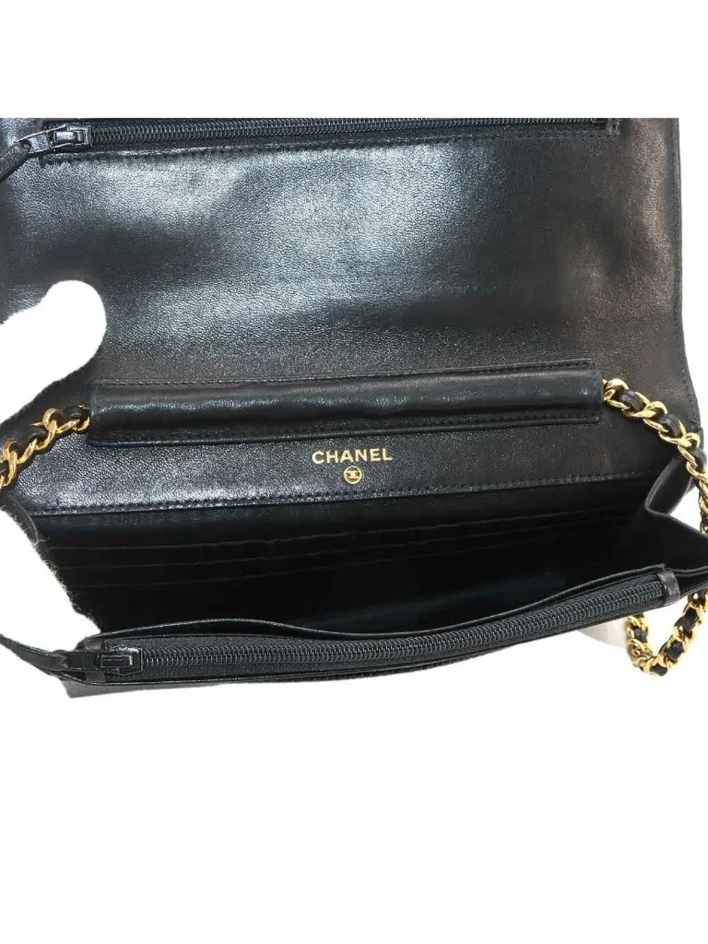 Chanel Caviar Leather Chain Wallet Black CC Logo Gold Shoulder